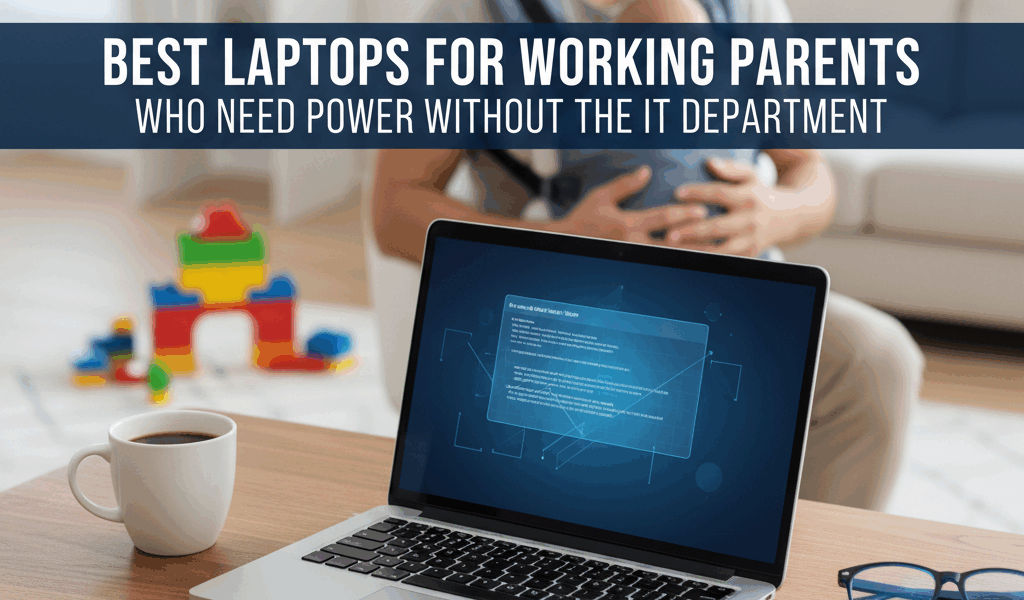 Professional blog header image for article titled: Best Laptops for Working Parents Who Need Power W