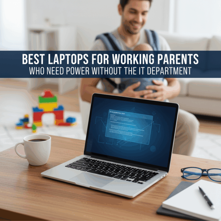 Professional blog header image for article titled: Best Laptops for Working Parents Who Need Power W