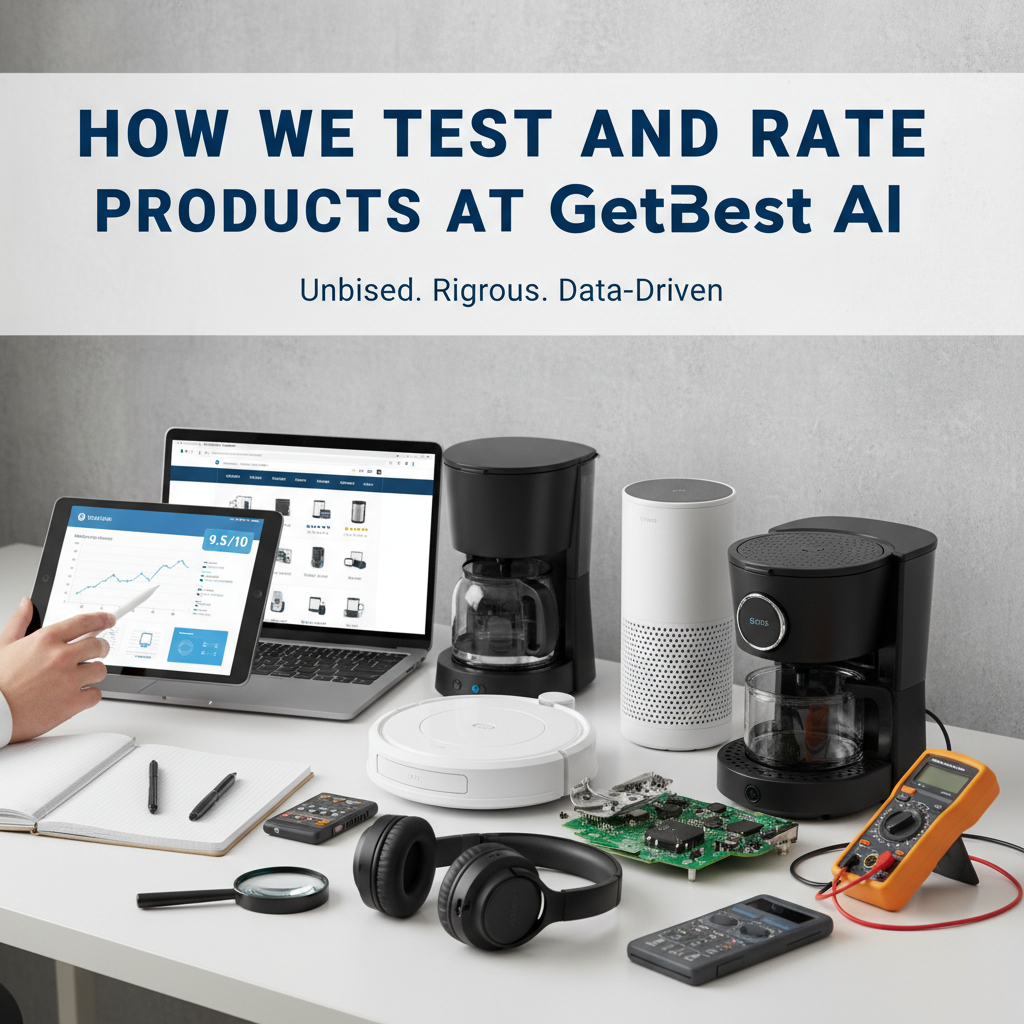 Professional blog header image for article titled: How We Test and Rate Products at GetBest AI. High quality, relevant imagery, clean composition.