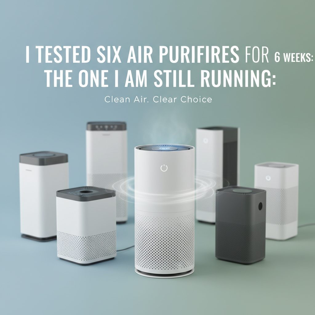Professional blog header image for article titled: I Tested Six Air Purifiers for 6 Weeks: The One I Am Still Running. High quality, relevant imagery, clean composition.