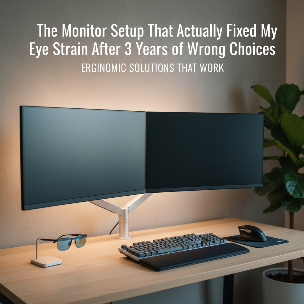Professional blog header image for article titled: The Monitor Setup That Actually Fixed My Eye Strain After 3 Years of Wrong Choices. High quality, relevant imagery, clean composition.