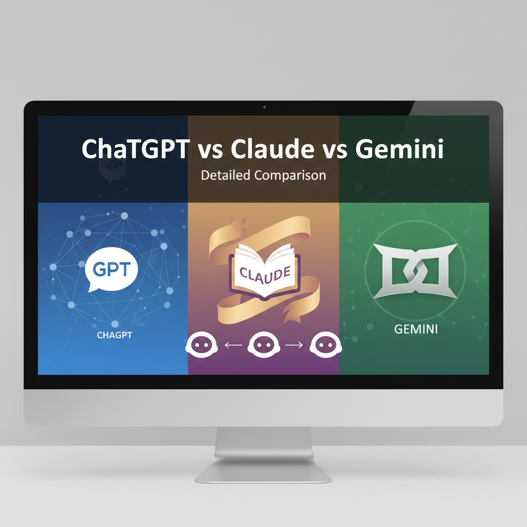 Professional blog header image for article titled: ChatGPT vs Claude vs Gemini: Detailed Comparison. High quality, relevant imagery, clean composition.